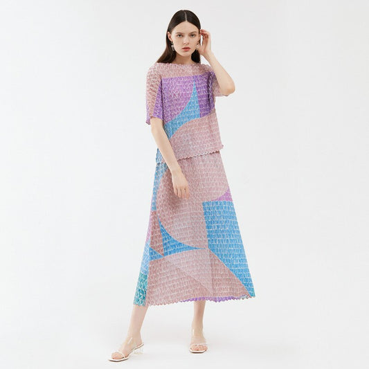 Two-Piece Suit with Color Contrast Top and Pleated Skirt For Women, Midtown, BYMANYC New York.-0