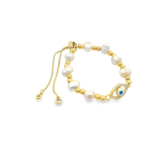 CZ Evil Eye Shaped Fresh Water Pearl Adjustable Beaded Protection Bracelet (I43A)